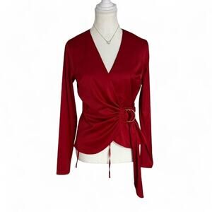 INC Red Satin Wrap Top With Tie + Buckle Detail  NWT Size XS Office Siren Classy